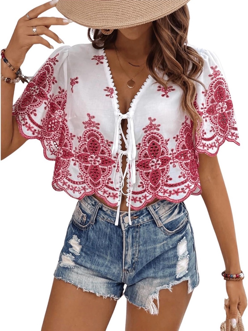 Women’s White Crop Blouse with Rose-Pink Embroidery